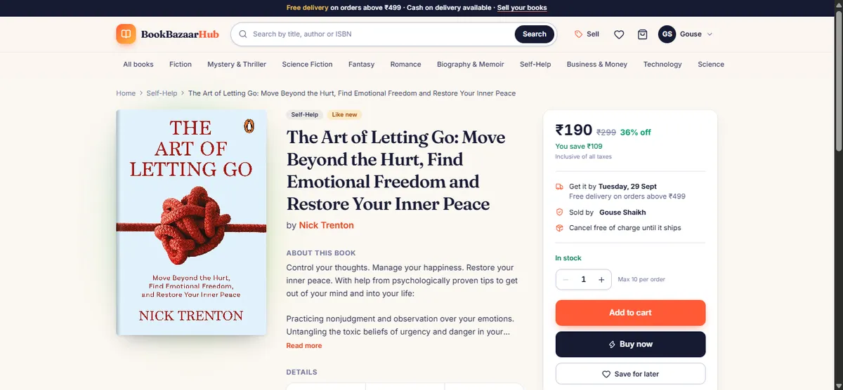 BookBazaarHub book detail page for The Art of Letting Go, with price, delivery estimate, seller and add-to-cart panel