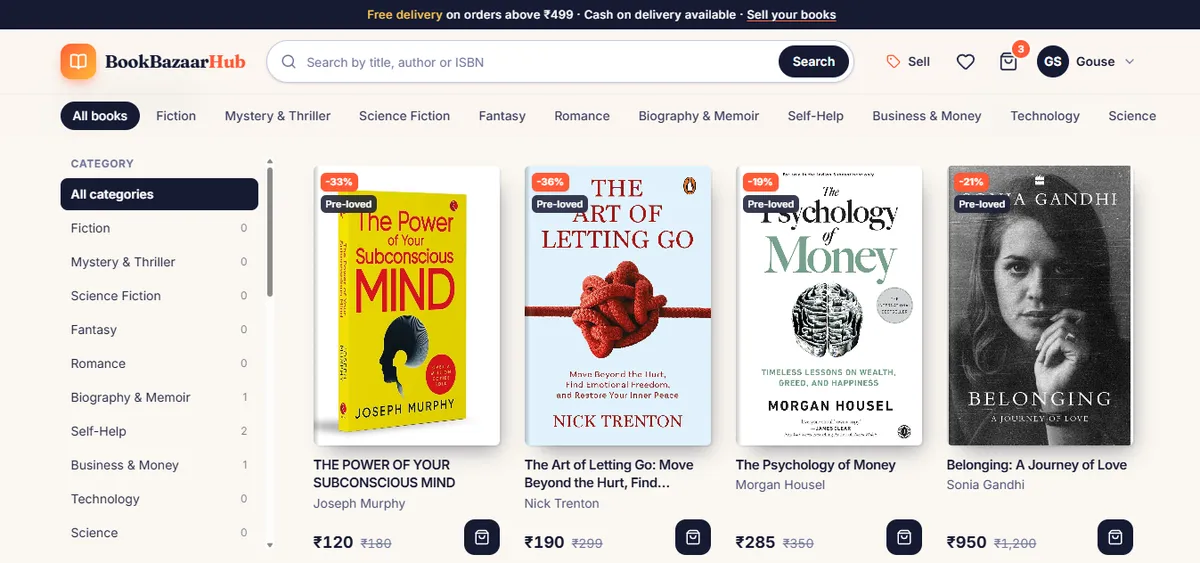 BookBazaarHub catalog with a category sidebar and book cards showing discount and pre-loved badges