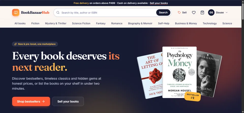 BookBazaarHub home page with the hero banner 'Every book deserves its next reader' and featured book covers