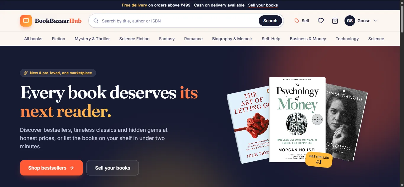 BookBazaarHub home page with the hero banner 'Every book deserves its next reader' and featured book covers